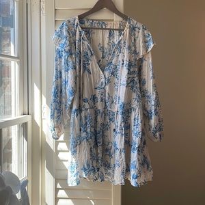 Free People Oversized Blue Printed Gauzy Button Down Dress Size M